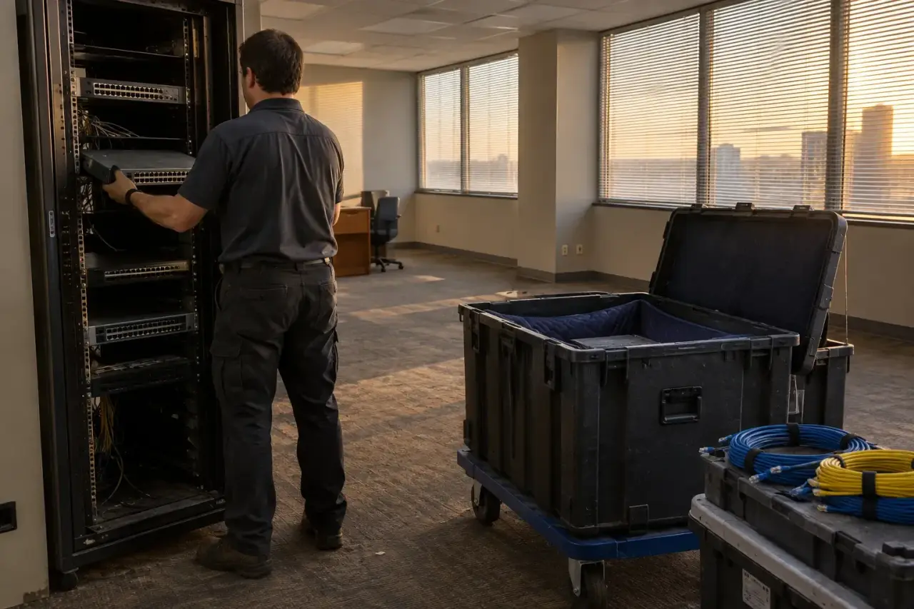 Technician removing a switch from a rack into padded moving crates during an office move