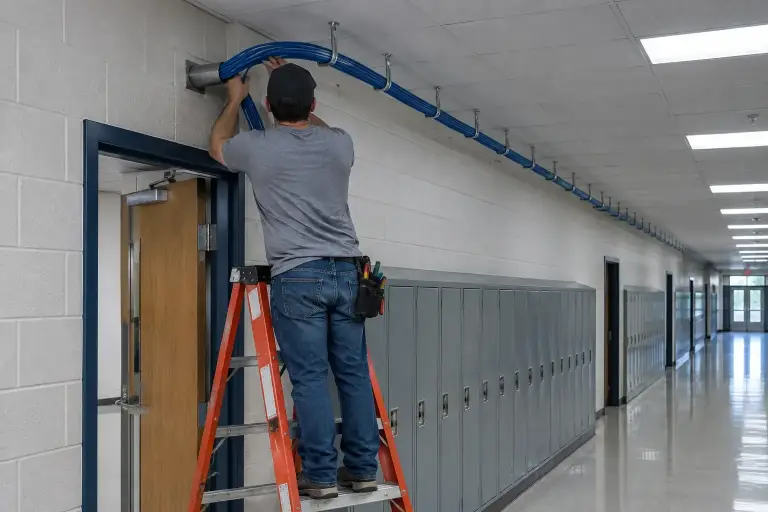 Installer feeding blue cables through a wall sleeve in a school corridor