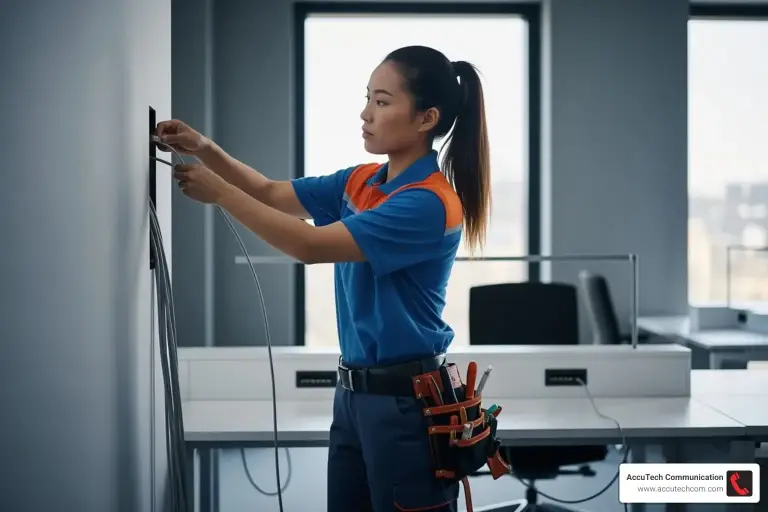 Technician with a tool belt feeding gray cables into a wall box in an empty office