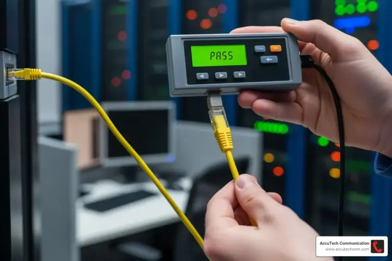 Hands holding a handheld cable tester showing PASS with a yellow patch cord plugged into a rack