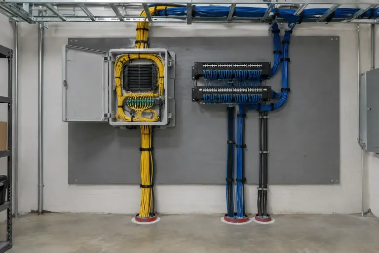 Telecom room backboard with fiber enclosure, patch panels and firestopped riser sleeves