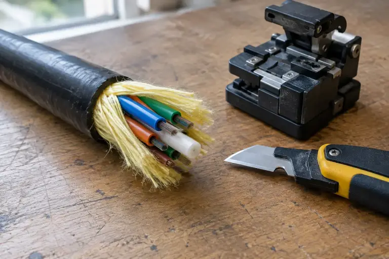Cut fiber optic cable showing color-coded buffer tubes and yellow strength yarn on a bench