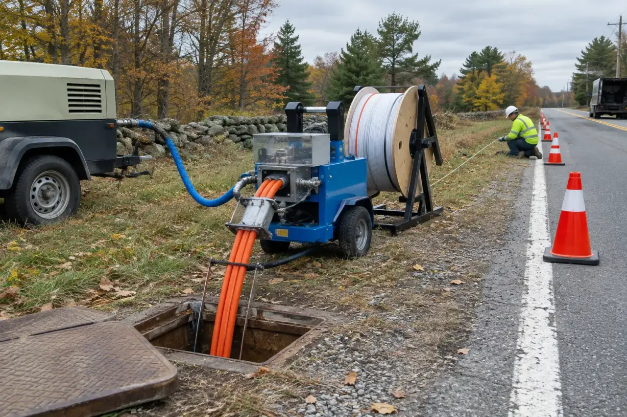 Fiber blowing machine at a roadside handhole feeding fiber into orange microducts