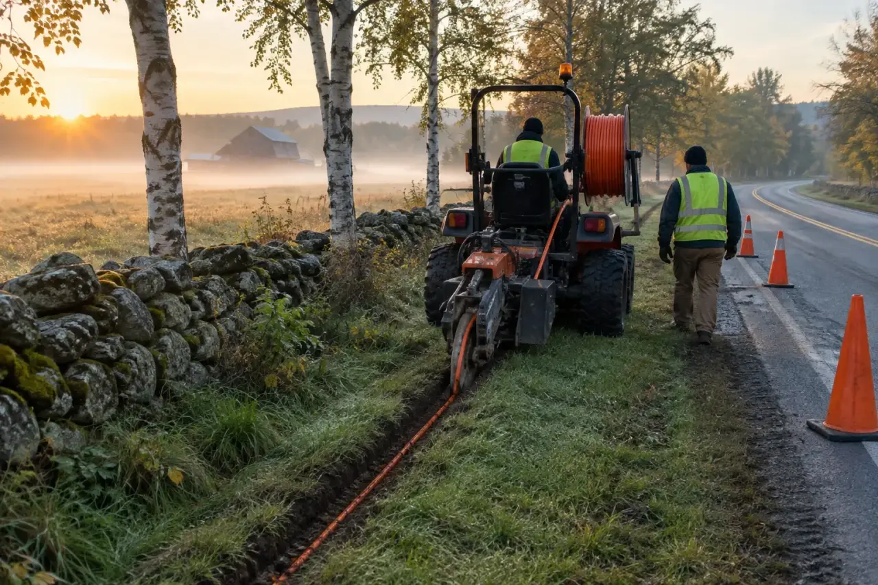Plow tractor laying orange fiber duct along a rural roadside with stone walls
