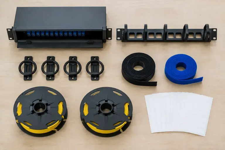 Flat lay of cable management products including a fiber enclosure, straps and D-rings