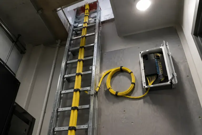 Yellow armored fiber cable climbing a vertical cable ladder into a wall fiber enclosure