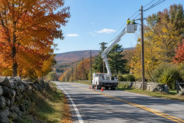 Crew in a bucket truck lashing fiber cable along utility poles on a rural road