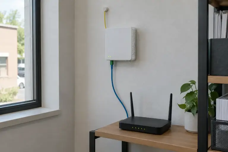Optical network terminal on an office wall with a thin fiber drop and router