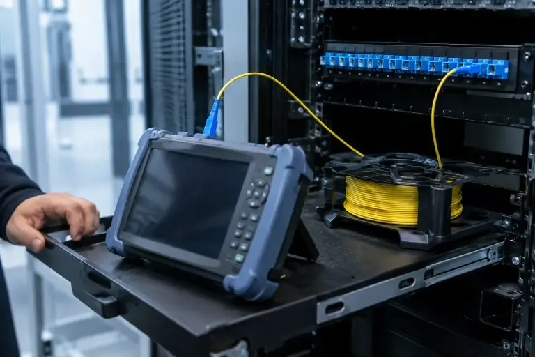 Fiber test instrument on a rack tray connected through a launch cable to a fiber panel