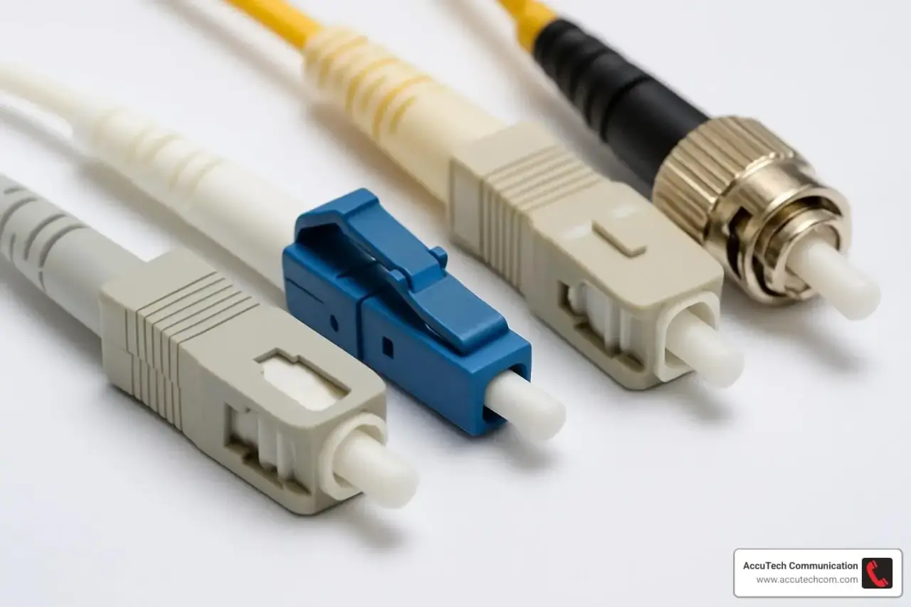 Four fiber connectors side by side on a white surface: gray, blue, beige and metal twist-lock styles