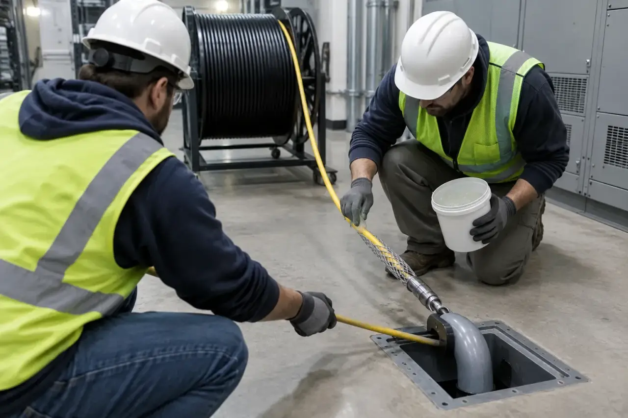 Technicians pulling fiber cable with a mesh grip from a floor conduit sweep