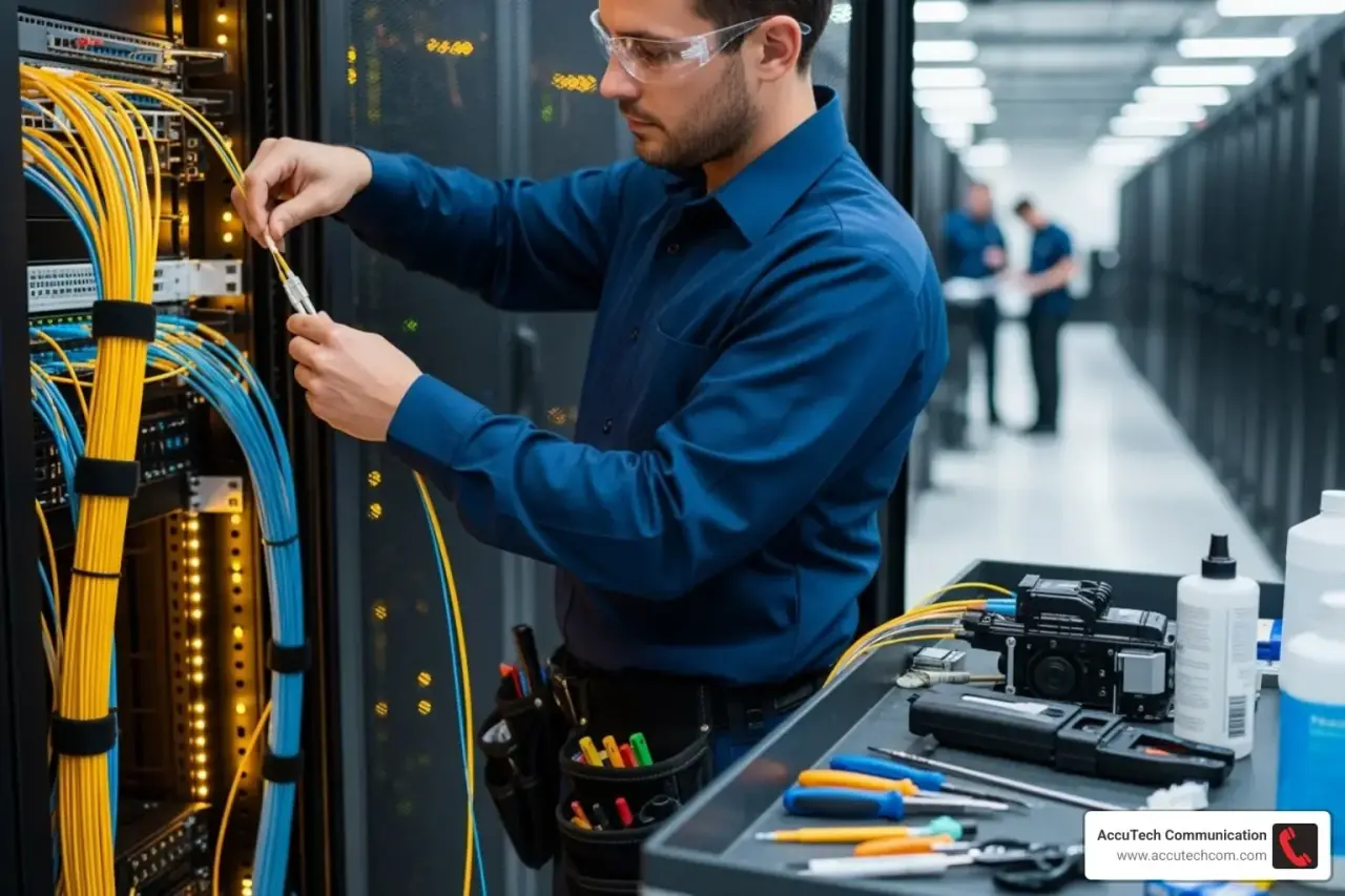 Technician in safety glasses connecting a yellow fiber cord in a data center rack beside a splicing cart
