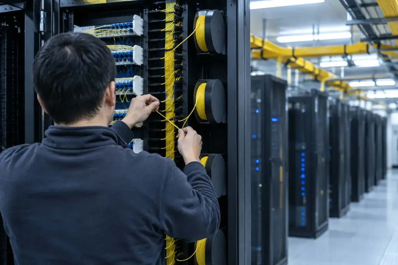 Technician routing yellow fiber jumpers through slack spools on the side of a rack