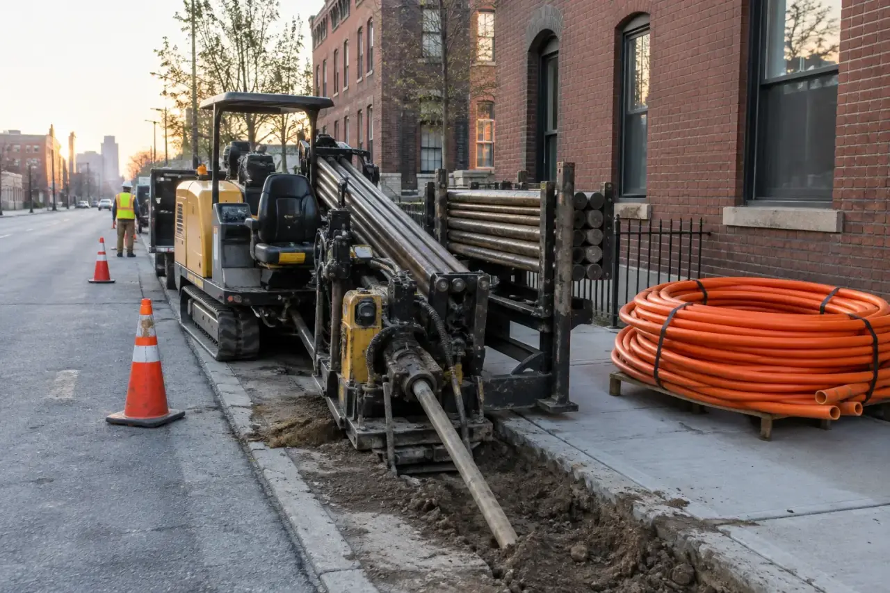 Directional drilling rig at a city sidewalk with orange conduit ready for pullback
