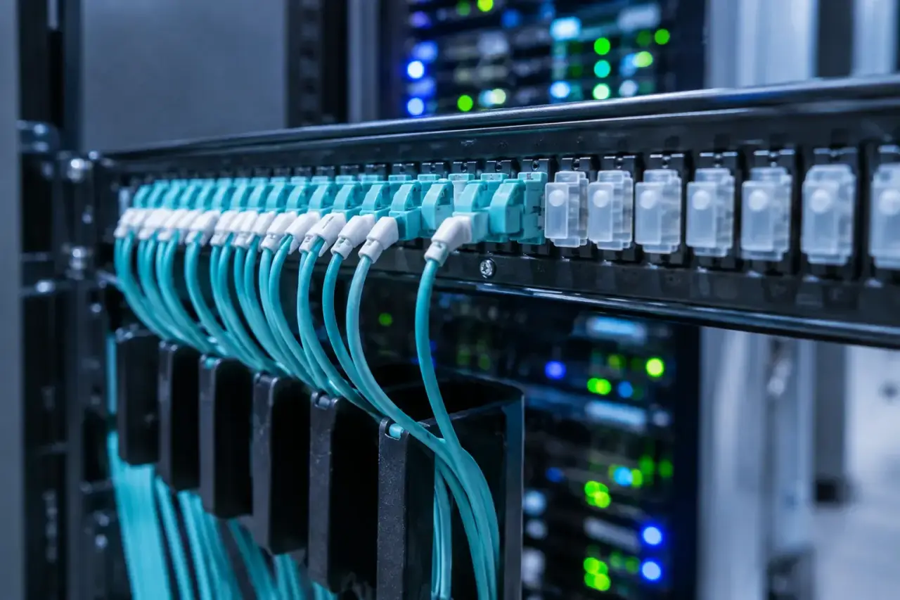Row of fiber adapters on a patch panel half filled with aqua jumpers