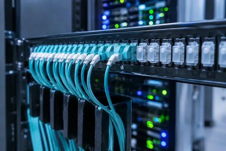 Row of fiber adapters on a patch panel half filled with aqua jumpers