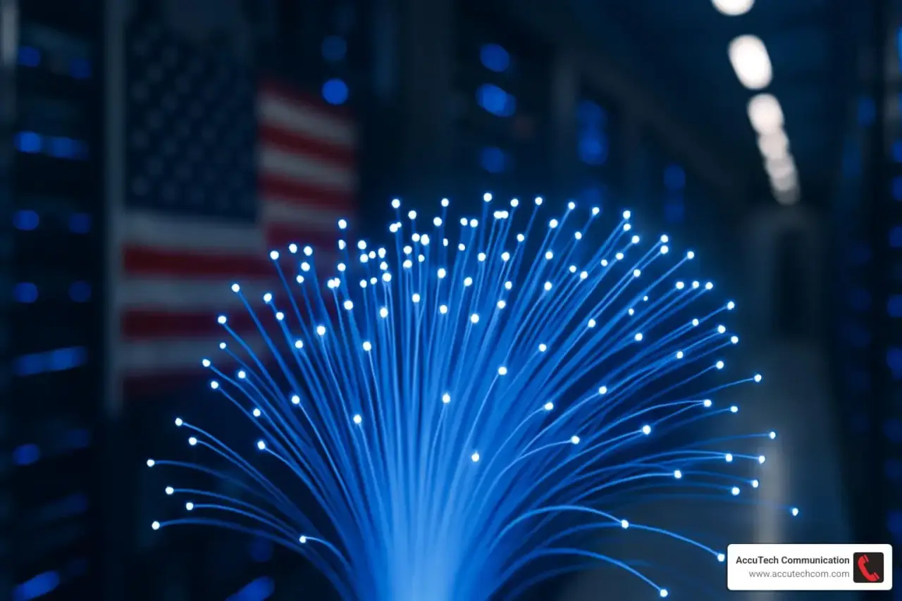 Spray of glowing blue fiber strands in a server room with an American flag blurred behind