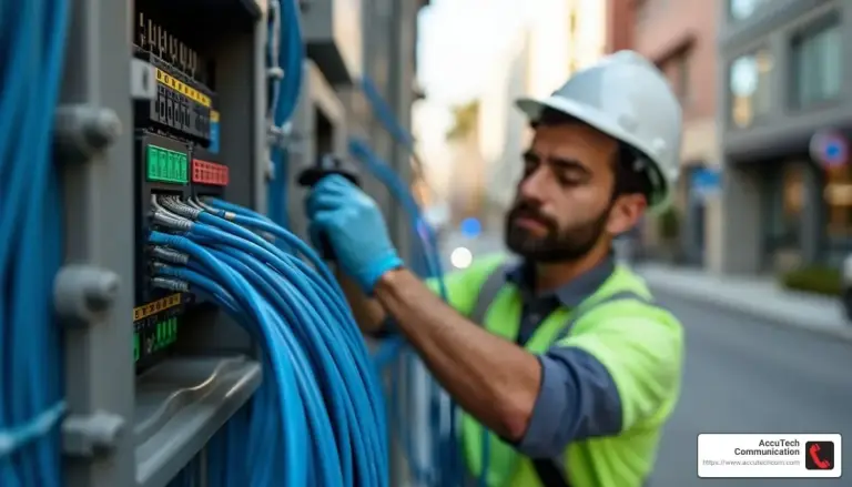 Technician in a hard hat and safety vest working on an outdoor cabinet full of blue cables