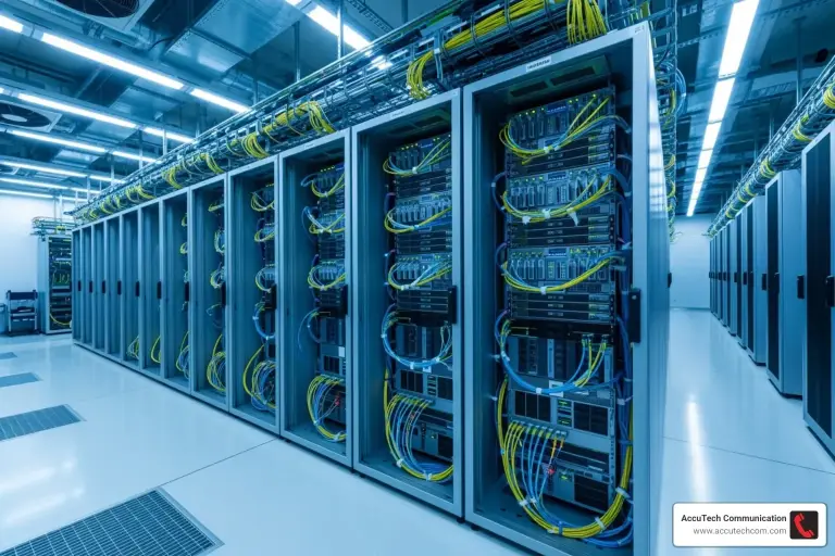 Row of open server racks wired with yellow and blue fiber patch cords under overhead cable trays