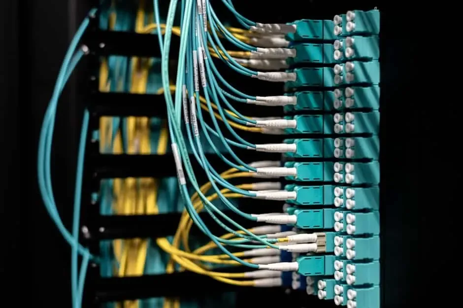 Aqua fiber patch cords plugged into a column of adapters on a rack-mounted fiber panel
