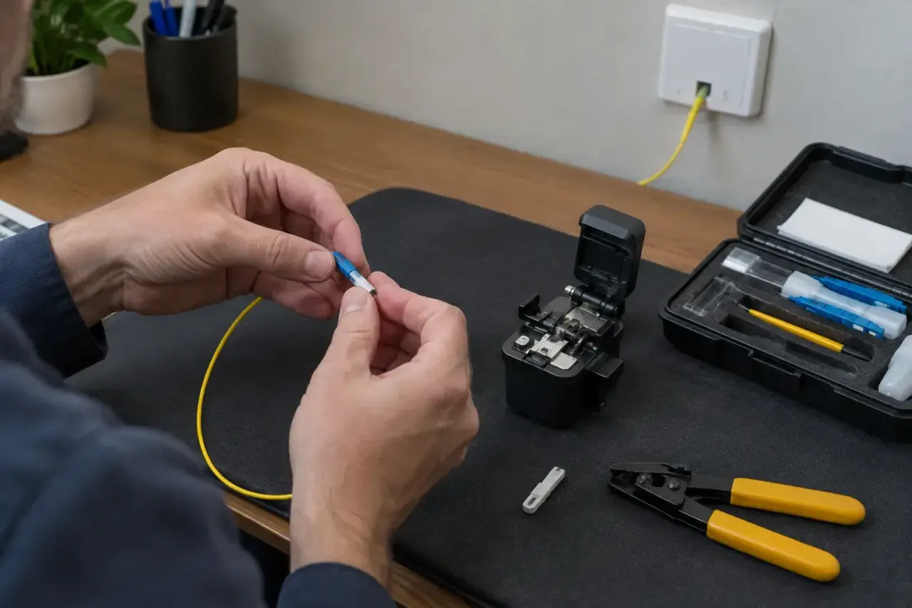 Hands fitting a field-installable connector onto yellow fiber with a compact tool