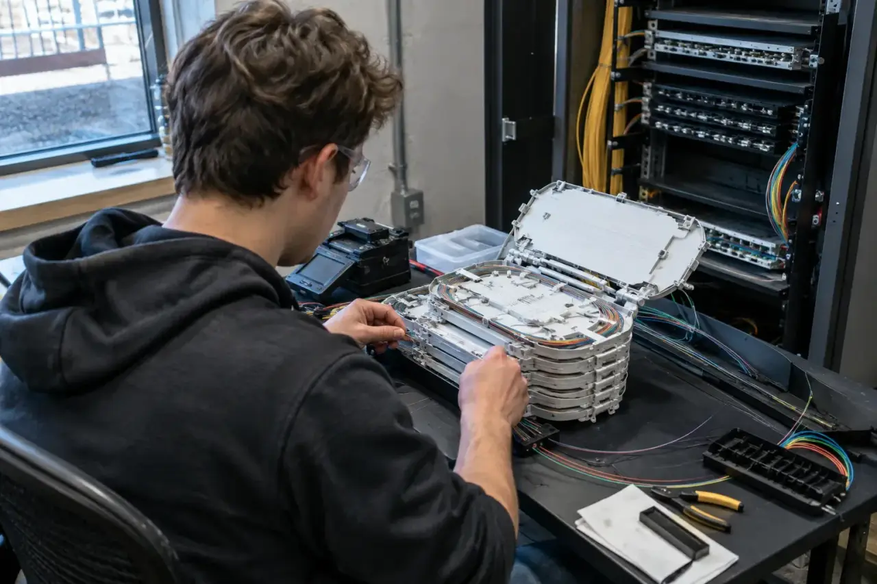 Young installer arranging spliced fibers into splice trays at a portable table