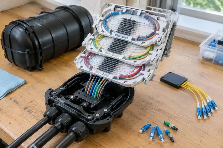 Open fiber splice enclosure with trays of coiled fibers and splice protectors on a bench