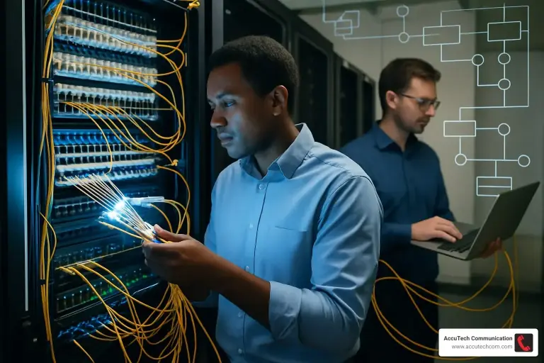 Technician holding glowing fiber cords at a rack while a coworker reviews a laptop nearby