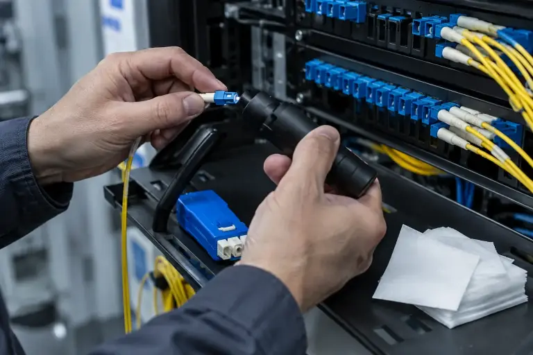 Hands inspecting a fiber connector with a microscope probe at a rack patch panel