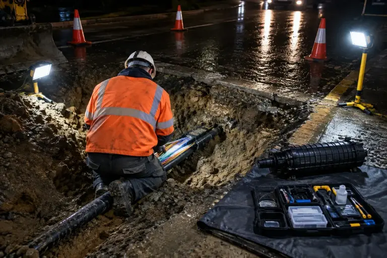 Night repair crew under work lights at an excavated pit exposing a damaged fiber cable