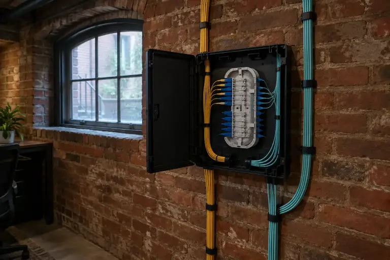 Fiber enclosure with yellow and aqua jumpers on a brick basement wall