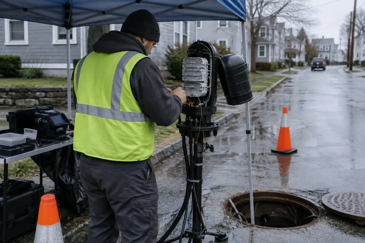 Technician working on a dome splice closure under a canopy beside a manhole