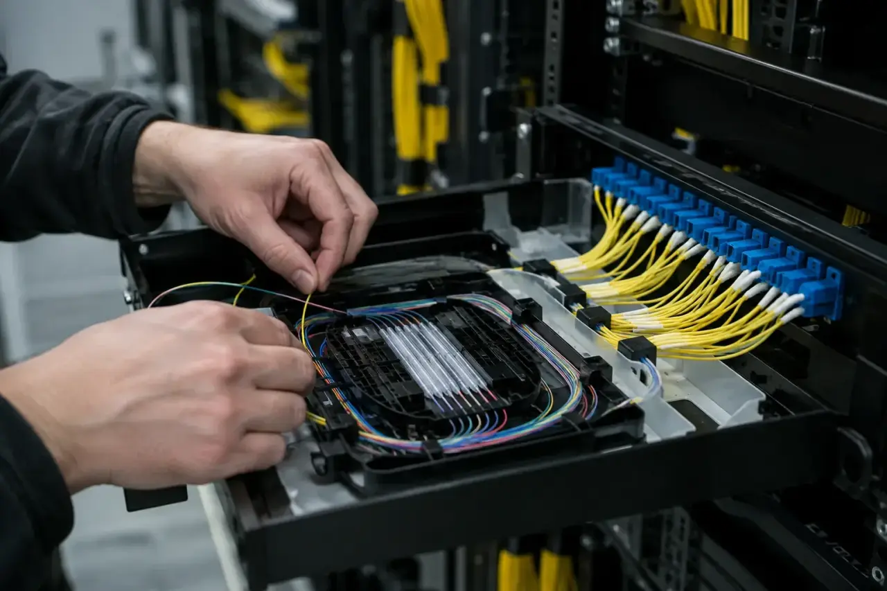 Hands seating spliced fibers into a tray inside a rack-mount splice enclosure