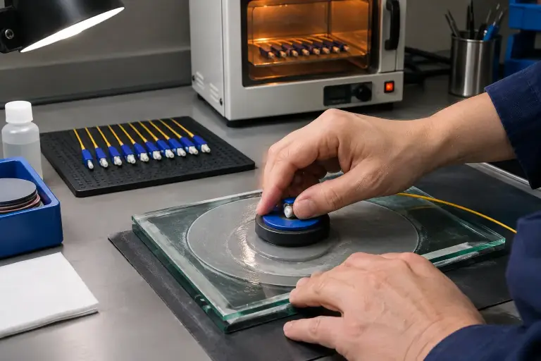 Hands polishing a fiber connector in a polishing puck on lapping film