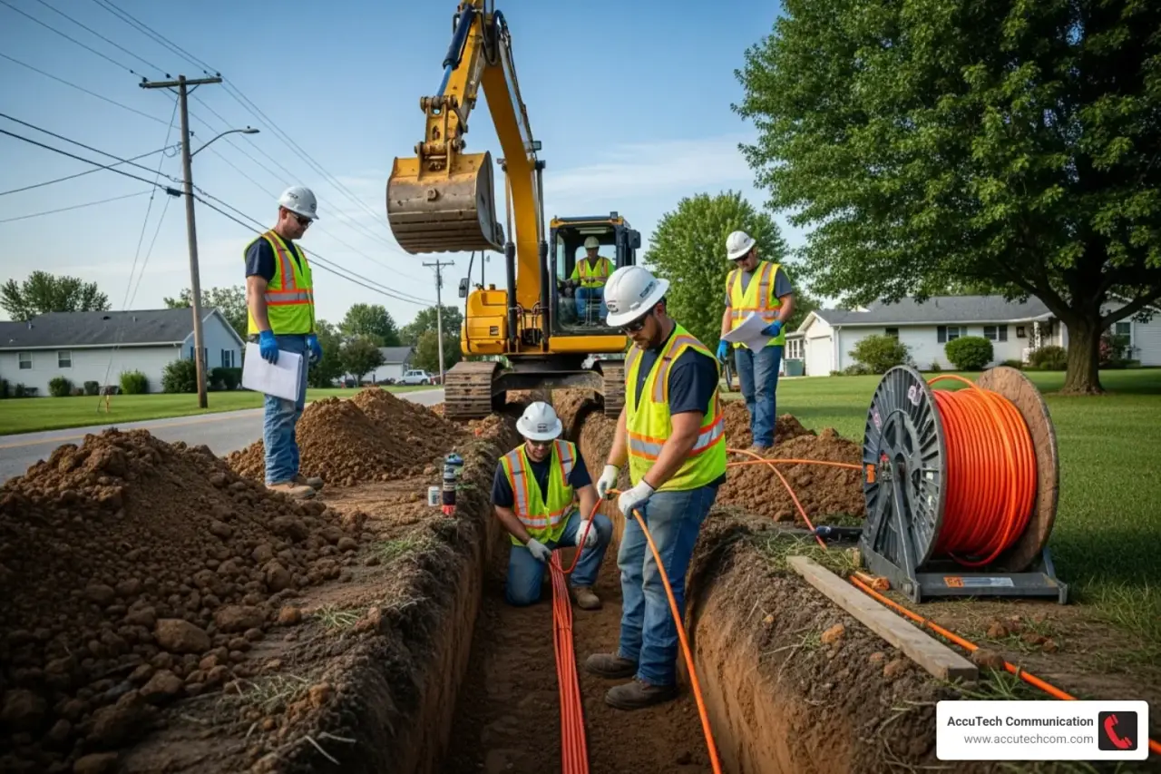 Crew in hard hats laying orange duct in an open trench beside an excavator and cable reel