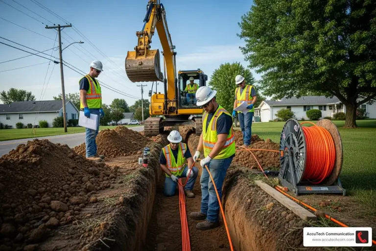 Crew in hard hats laying orange duct in an open trench beside an excavator and cable reel