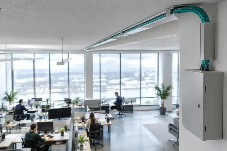 Slim ceiling fiber raceway running above a bright modern open office