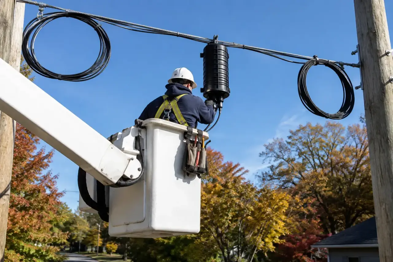 Technician in a bucket working on an aerial fiber splice closure on a utility line