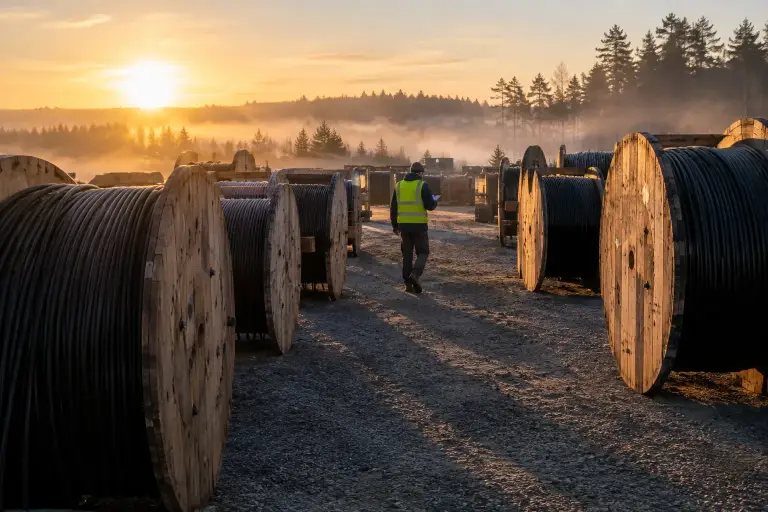 Technician walking between rows of large fiber cable reels at sunrise