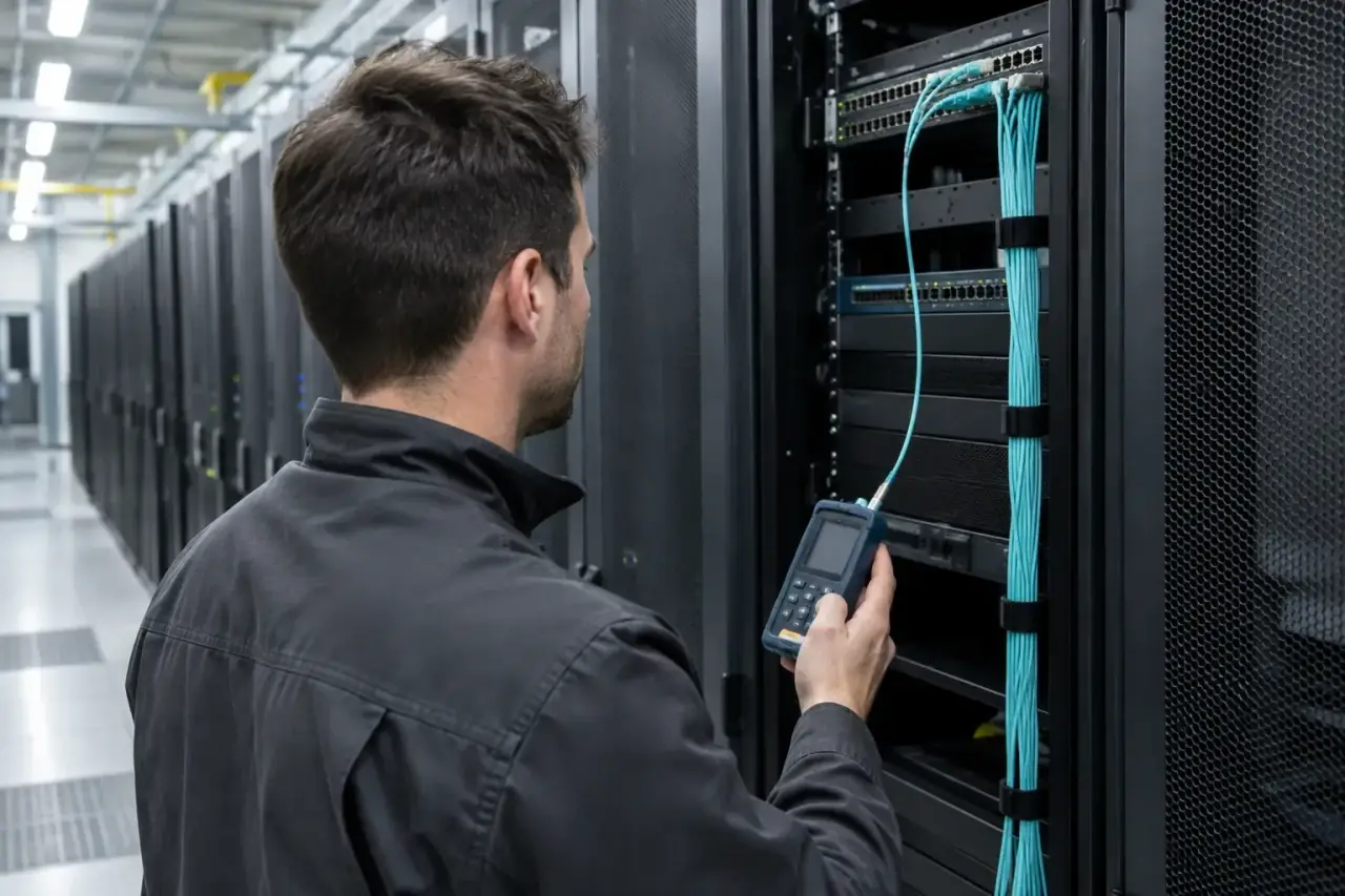 Technician measuring fiber signal with a handheld power meter at a rack switch