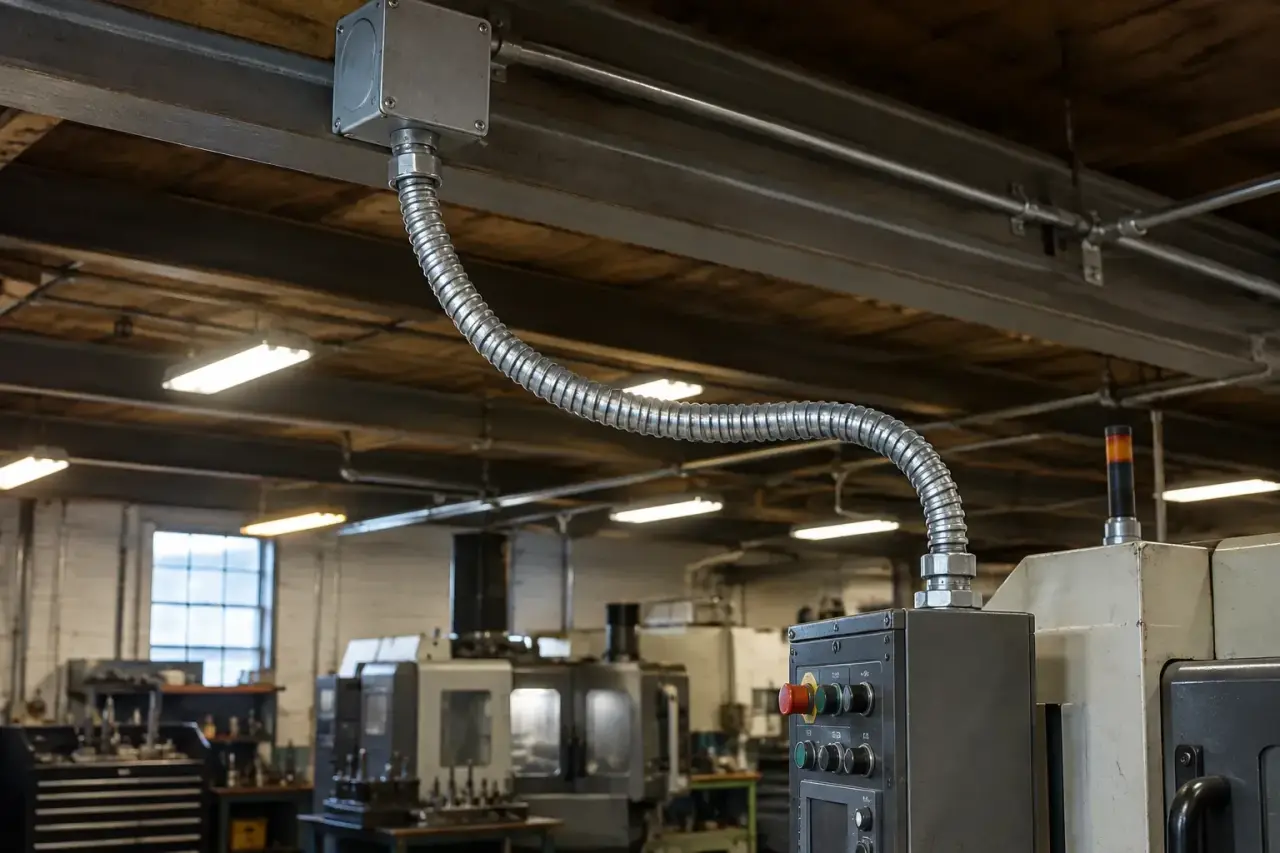 Flexible metal conduit curving from a ceiling junction box down to a shop machine