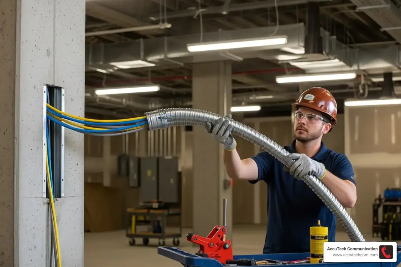 Technician in a hard hat feeding blue and yellow cables into flexible metal conduit at a concrete column