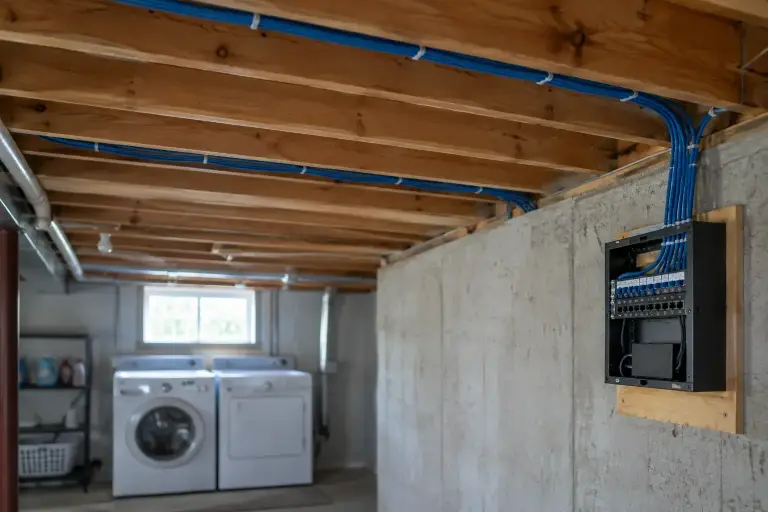 Blue network cables stapled neatly along basement joists to a small media panel