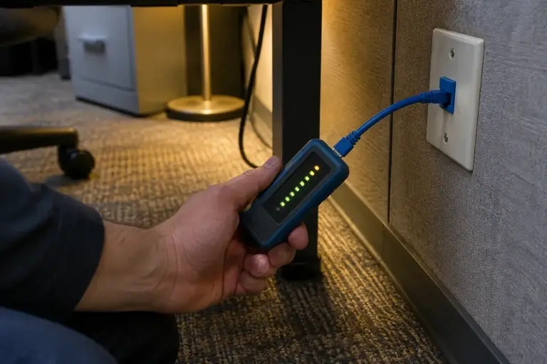 Hand holding a wire map tester plugged into an office wall jack under a desk