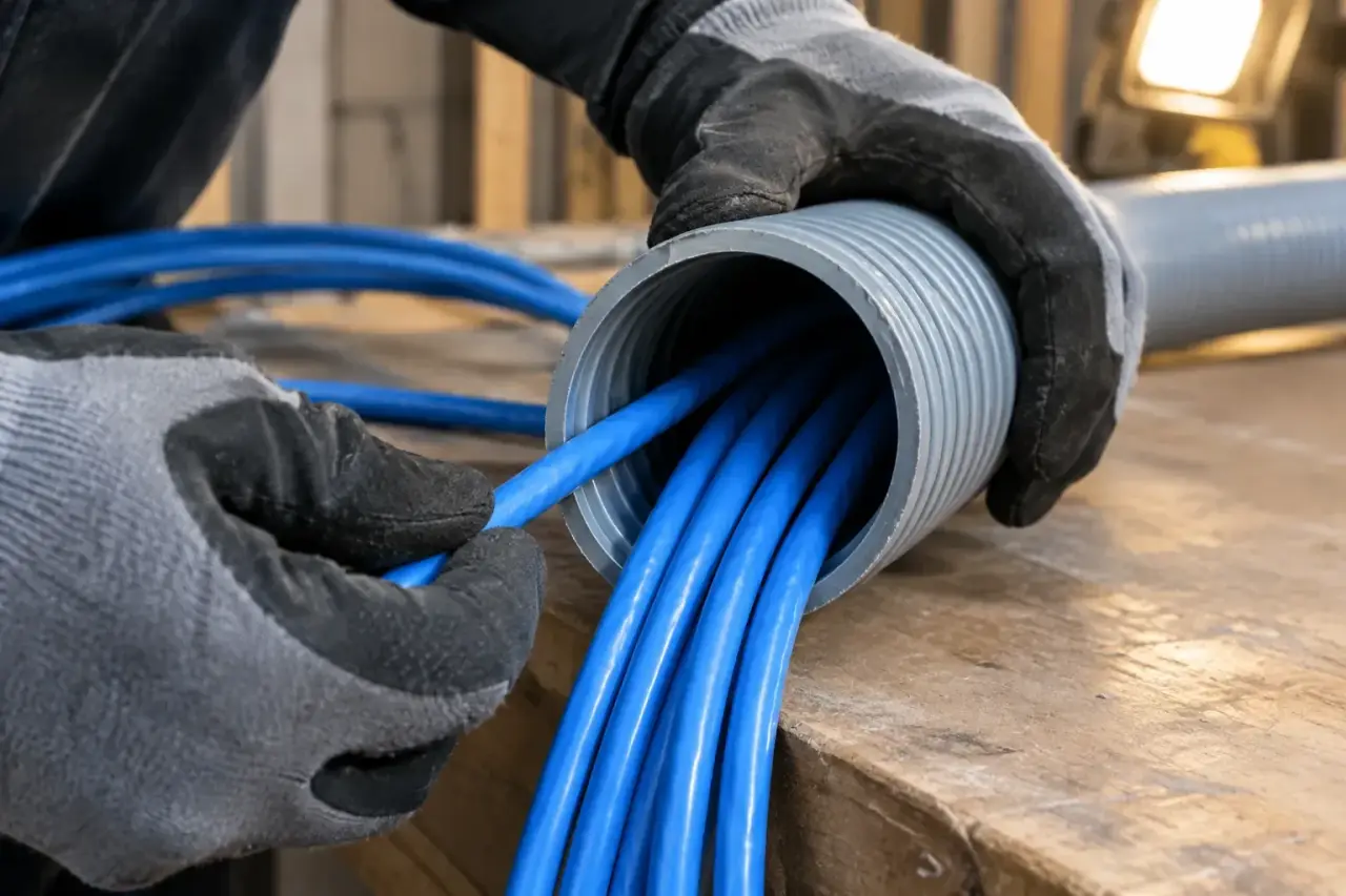 Blue network cables packed into the open end of a two-inch flexible conduit