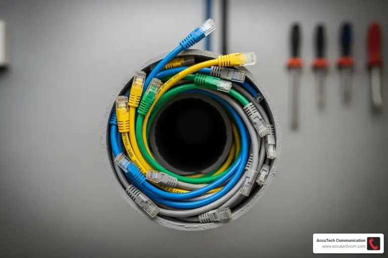 End view of a gray conduit stuffed with coiled blue, yellow, green and gray patch cords