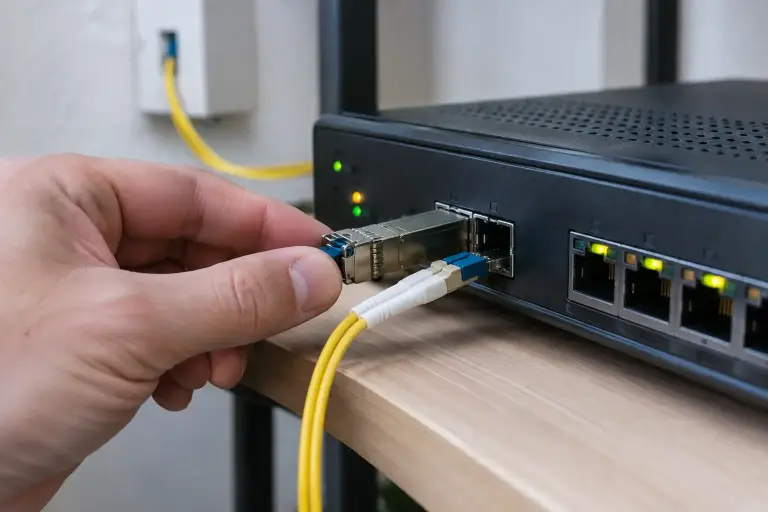 Fingers inserting a fiber transceiver with a yellow fiber jumper into a router