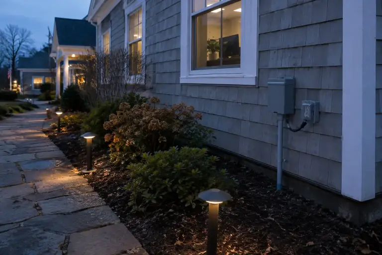 Wall-mounted lighting transformer with path lights glowing along a walkway at dusk