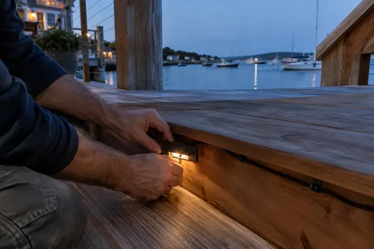 Hands fitting a small LED step light into a cedar deck stair at dusk