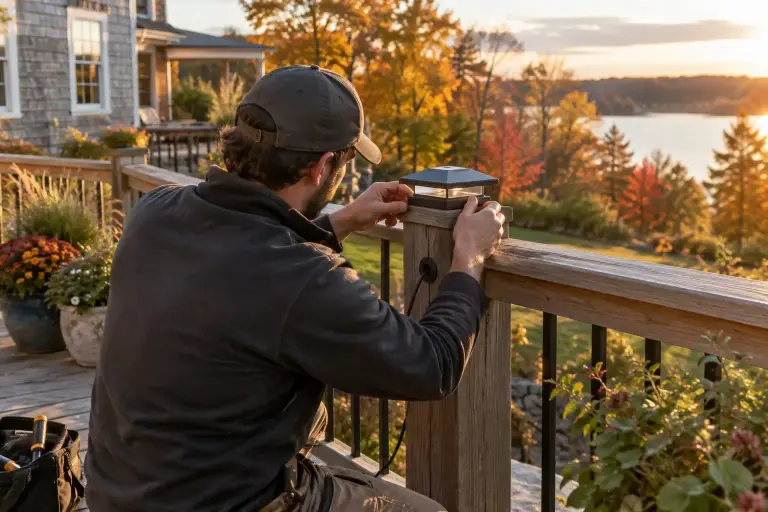Technician setting a low voltage cap light onto a wooden deck post at sunset